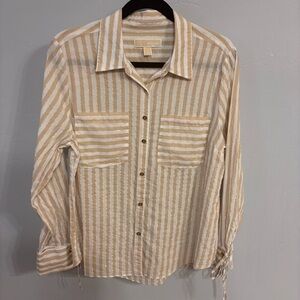 NWOT Michael Kors Cream and Metallic Gold Striped Shirt Gold Accents - Sz L